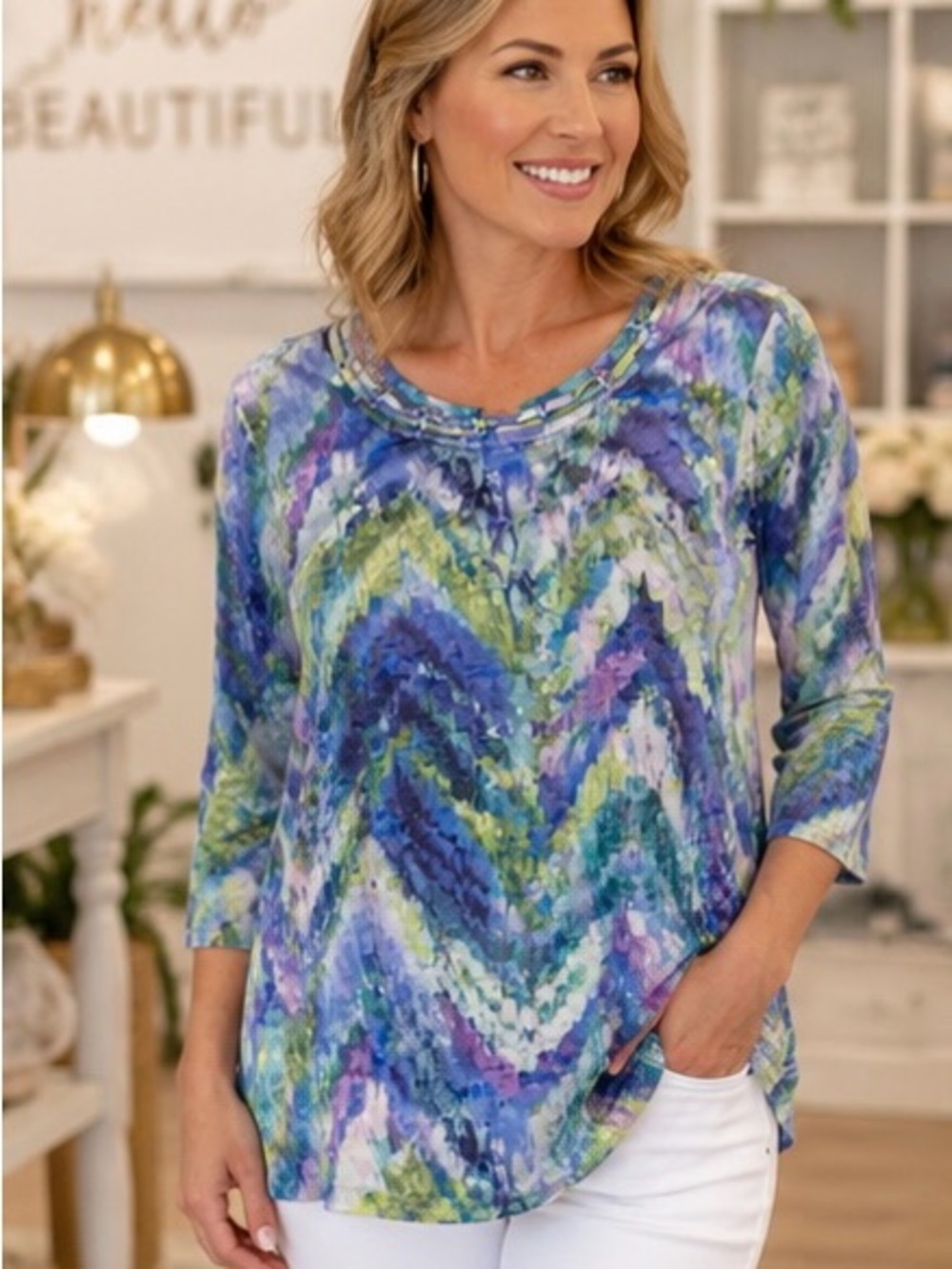 Alfred Dunner Multicolor Abstract Brushstroke Long Sleeve Top